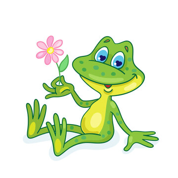 Small funny green frog sits with a flower in his hand. In cartoon style. Isolated on white background. Vector illustration