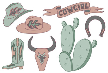 Cowgirl western vector collection. Cowboy boot, hat, bull skull, horseshoe, cactus, lettering.