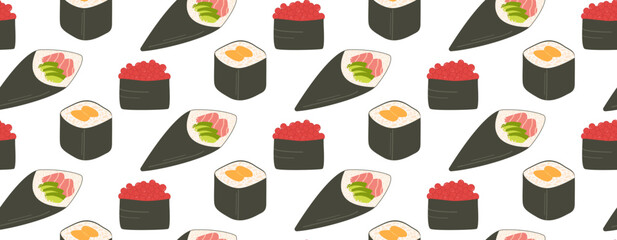 Sushi in nori. Seamless vector pattern. Asian cuisine. Japanese food