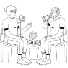 People Recording Podcast  Outline 2D Illustration