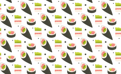 Set of different types of sushi. Sushi with different toppings. Seamless pattern in vector. Asian cuisine