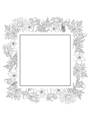 Square frame with elements of nature. Hand-drawn flowers. A postcard template with plants. Vector isolated illustration.