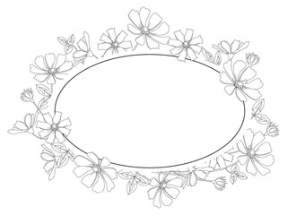 Cosmea flowers in an oval frame. Vector round wreath or garland with a Space outline or a bouquet of flowers.