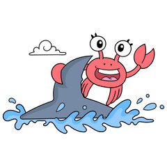 Vector illustration of a crab cartoon character sitting on the shark isolated on white background