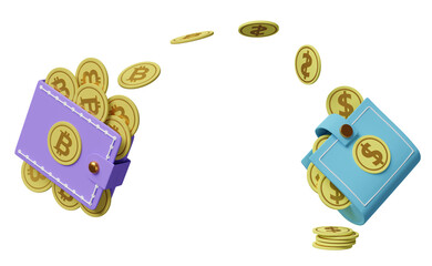 3d wallet with bitcoin, dollar, coins isolated. currency exchange, saving money concept, 3d render illustration