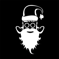 Vector white silhouette of Santa Claus isolated on black background. Santa Claus badge and label design template. Funky christmas old man character with beard and mustache