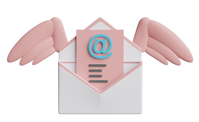 Flying open envelope with wings isolated. notify newsletter, online incoming email concept, 3d illustration or 3d render