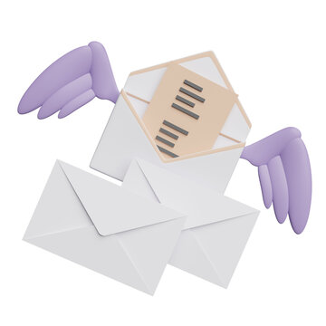 Flying open envelope with wings isolated. notify newsletter, online incoming email concept, 3d illustration or 3d render