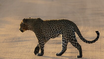 Leopard crossing the dirt road in the Kruger National Park - obrazy, fototapety, plakaty