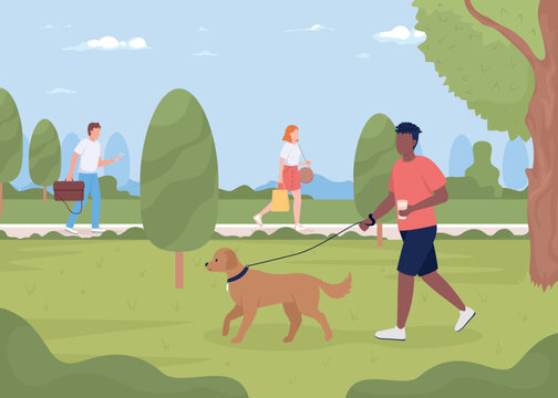 Man walking dog in summer park flat color vector illustration. People in public place. Spending time in city garden. Fully editable 2D simple cartoon characters with landscape on background