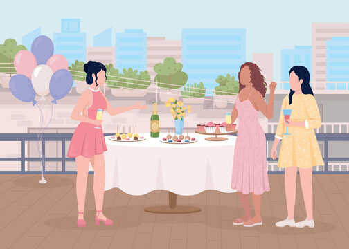 Women communicating at party flat color vector illustration. Celebrating festive event. Holiday on building roof. Fully editable 2D simple cartoon characters with cityscape on background