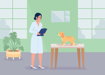 Veterinarian doc examining dog flat color vector illustration. Medical help for animals. Vet healthcare service. Fully editable 2D simple cartoon character with hospital ward on background