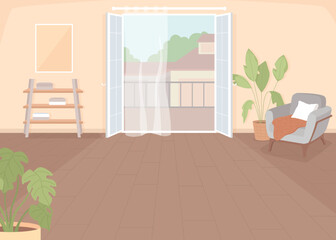 Open entrance to terrace flat color vector illustration. Empty hotel room. Comfortable apartment ready for tenants. Fully editable 2D simple cartoon interior with cityscape on background © IMGvisualsCharacters