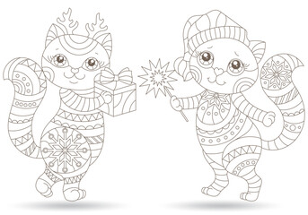 Set of stained glass elements with contour cats , isolated images on white background