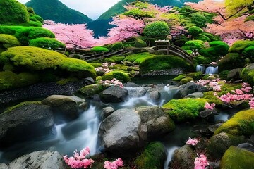 Beautiful 3D Nature and landscape wallpaper, Japanese Park with Cherry Blossom Trees