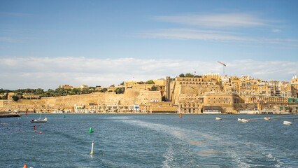 ships buildings beautiful mediterranean sea malta island sand stones sun - obrazy, fototapety, plakaty