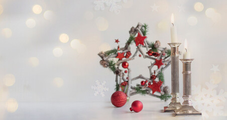 Christmas background. Candles on a candlestick. Banner. copy space