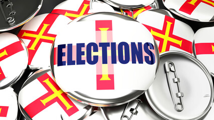 Guernsey and Elections - dozens of pinback buttons with a flag of Guernsey and a word Elections. 3d render symbolizing upcoming Elections in this country.,3d illustration