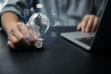 Businessperson or student training skill holding glowing lightbulb with Education learning icons for study knowledge to creative thinking idea and planning or working solution concept.