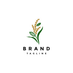 Sesame Plant Between Rice Plants Logo Design. Agricultural Technology Logo Design With Illustration Of Rice And Sesame In One Plant.