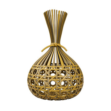 Traditional Thai wickerwork, the circular bamboo basket, or Chalom, is rendered in 3D and isolated on white.