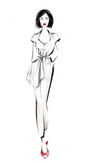 woman, fashion, sketch, illustration, dress, model, drawing, lady, person, hair, beauty, style, medicine, nurse, black, white, jumpsuit, square, slim, red, shoes