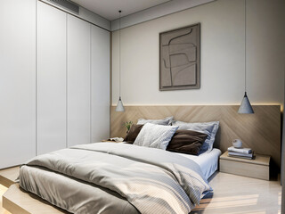 3D rendering, elegant and modern bedroom design, big bed with overcoat cabinet, coffee table, TV, carpet, etc., very comfortable and leisure.