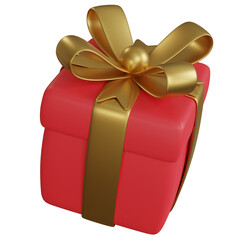 3D Red Gift Box with Gold Ribbon for Birthday Party Decoration Celebrate. PNG Transparent Background.