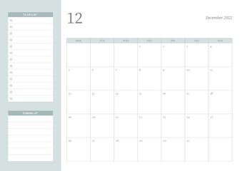 December 2022 calendar template design illustration is simple style. Memo, scheduler, diary, calendar, memo, planner document template background.
