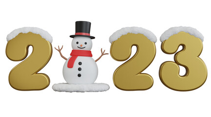 3D Gold Number 2023 with Snowman and Snow on Top. Merry Christmas and Happy New Year 2023.
