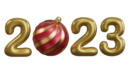 3D Realistic Gold Foil Balloons with Red Ornament. Merry Christmas and Happy New Year 2023.