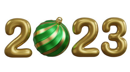 3D Realistic Gold Foil Balloons with Green Ornament. Merry Christmas and Happy New Year 2023.