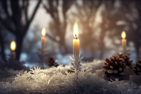 Beautiful white Christmas candles with snowflakes and cones on snow in the forest background, AI generated image