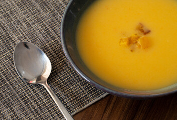 Delicious Vegan Soup, top view and ready to eat, Braga, Portugal.