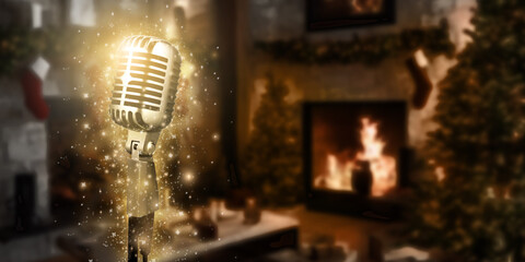 Karaoke background. Silver vintage microphone on bokeh Christmas tree and news year decoration....