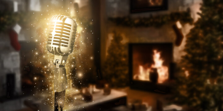 Karaoke background. Silver vintage microphone on bokeh Christmas tree and news year decoration. Concept Christmas time for web banner , display or montage your products.