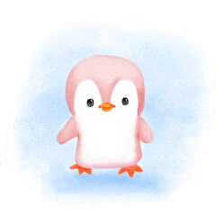 Cute pink baby penguin in the snow, isolate on white background, hand drawn, watercolor illustration