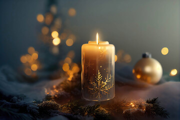 Beautiful golden Christmas candle with a snowflake pattern on the glowing blue bokeh background, AI generated image