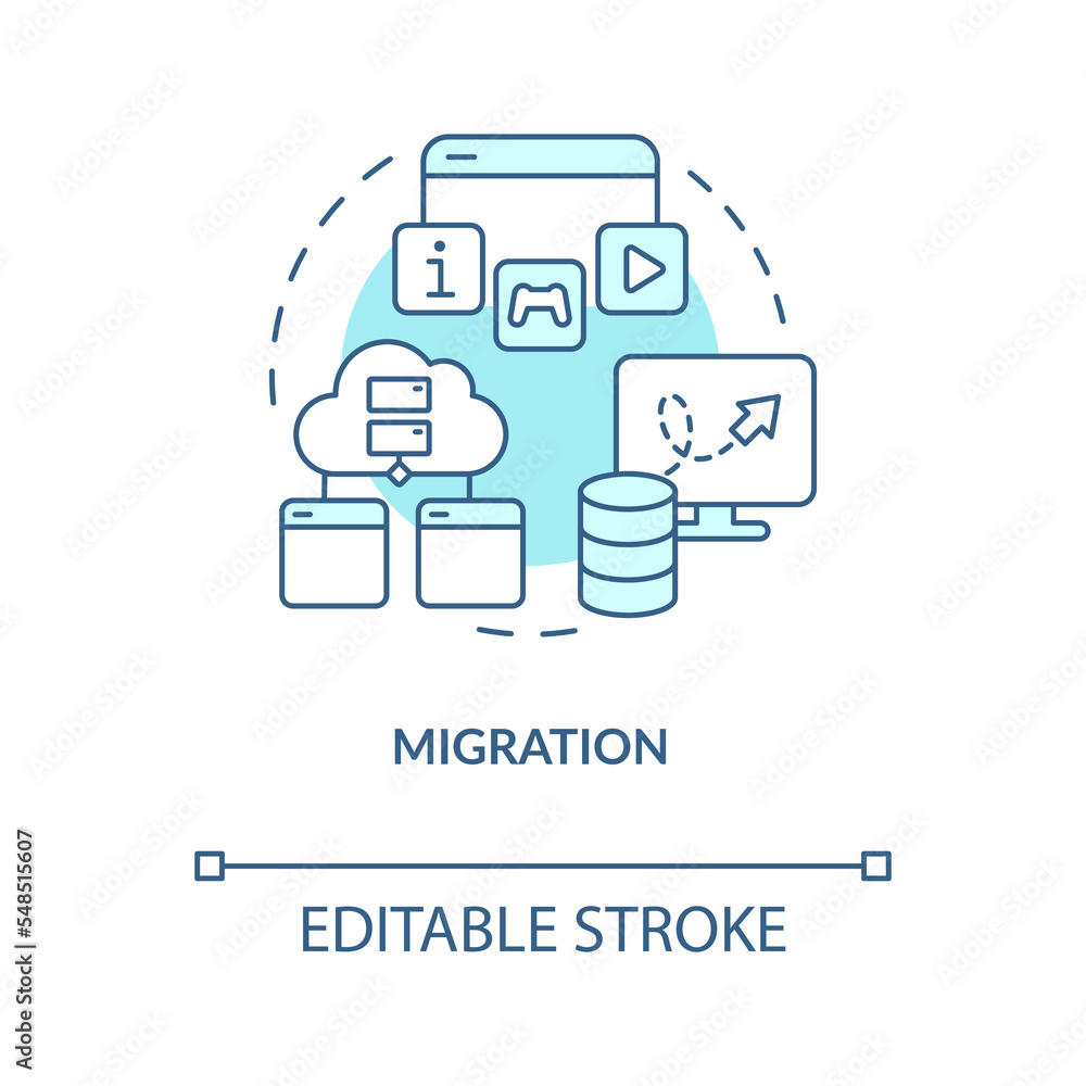 Poster migration turquoise concept icon. move website data to new platform. cms abstract idea thin line ill