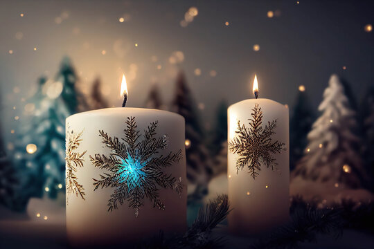 Beautiful white Christmas candles with snowflakes patterns in the spruces background, AI generated image
