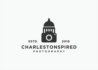 camera with building logo design vector silhouette illustration