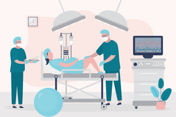 Doctor performing caesarean section for pregnant woman under epidural anesthesia. Surgery, concept. Clinic room interior. Obstetrics and gynecology. Birth of child. Maternity, childhood.