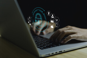 businessman's using laptop shows a lock icon. Internet network cyber security concept	
