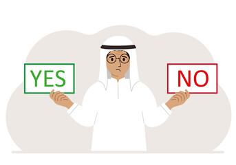 A man holds two banners Yes and No in his hands. Test question. Indecisive choice, argument, opposition, choice, dilemma, opponent's view.