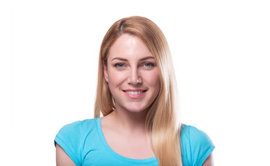 Blonde hair model woman. Female portrait on white background. Studio shot.