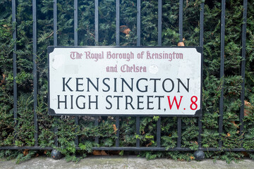 London- November 2022: Kensington High Street W8 street sign, an upmarket street of shops and restaurants.