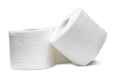 three rolls of white tissue paper or napkin prepared for use in toilet or restroom isolated on white background with clipping path