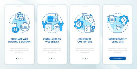 Create website with CMS platform blue onboarding mobile app screen. Walkthrough 4 steps editable graphic instructions with linear concepts. UI, UX, GUI template. Myriad Pro-Bold, Regular fonts used