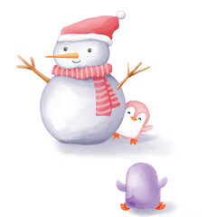 Watercolor illustration with two cute baby penguins and a snowman for the winter holidays.