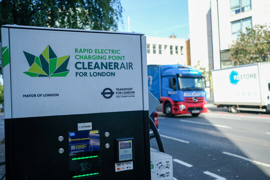 London- A electric vehicle charging point with Transport for London logo in Putney, south west London